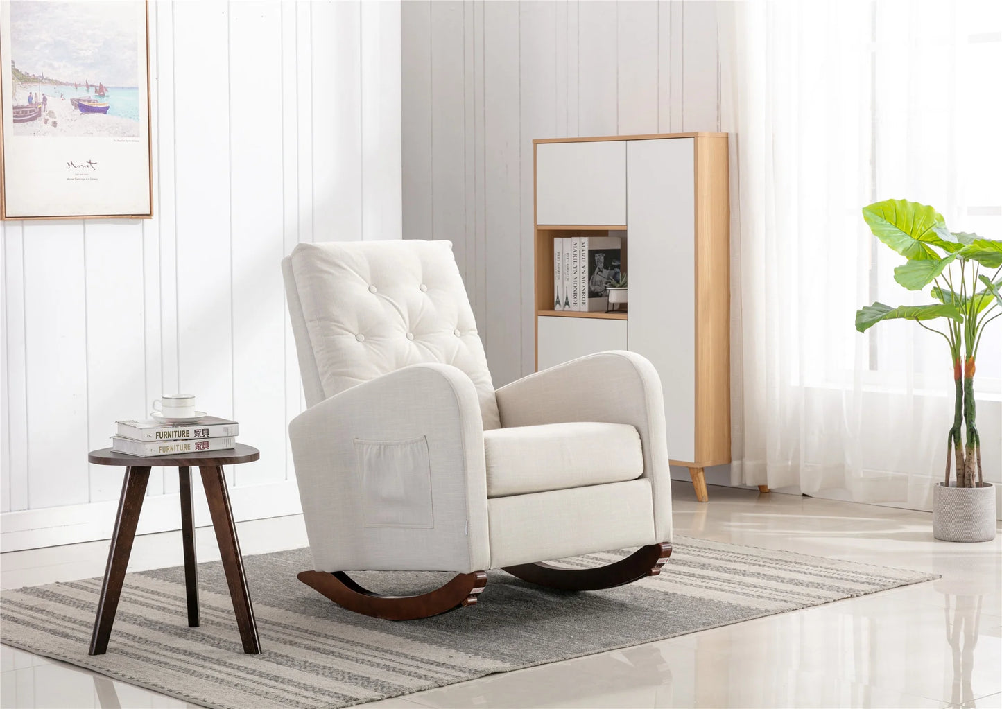 Modern Accent Rocking Chair,Upholstered Rocking Glider Rocker High Back Arm Chair with 2 Side Pockets for Living Room,Bedroom,Nursery,Office,Beige