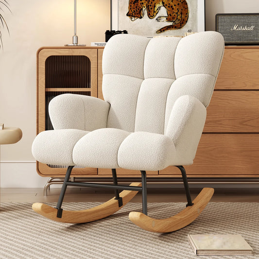 Glider Rocking Chair Nursery, Comfy Accent Chair Armchair with High Backrest Teddy Soft Upholstered Living Room Chairs for Reading Bedroom Living Room Home Office (Milky White)