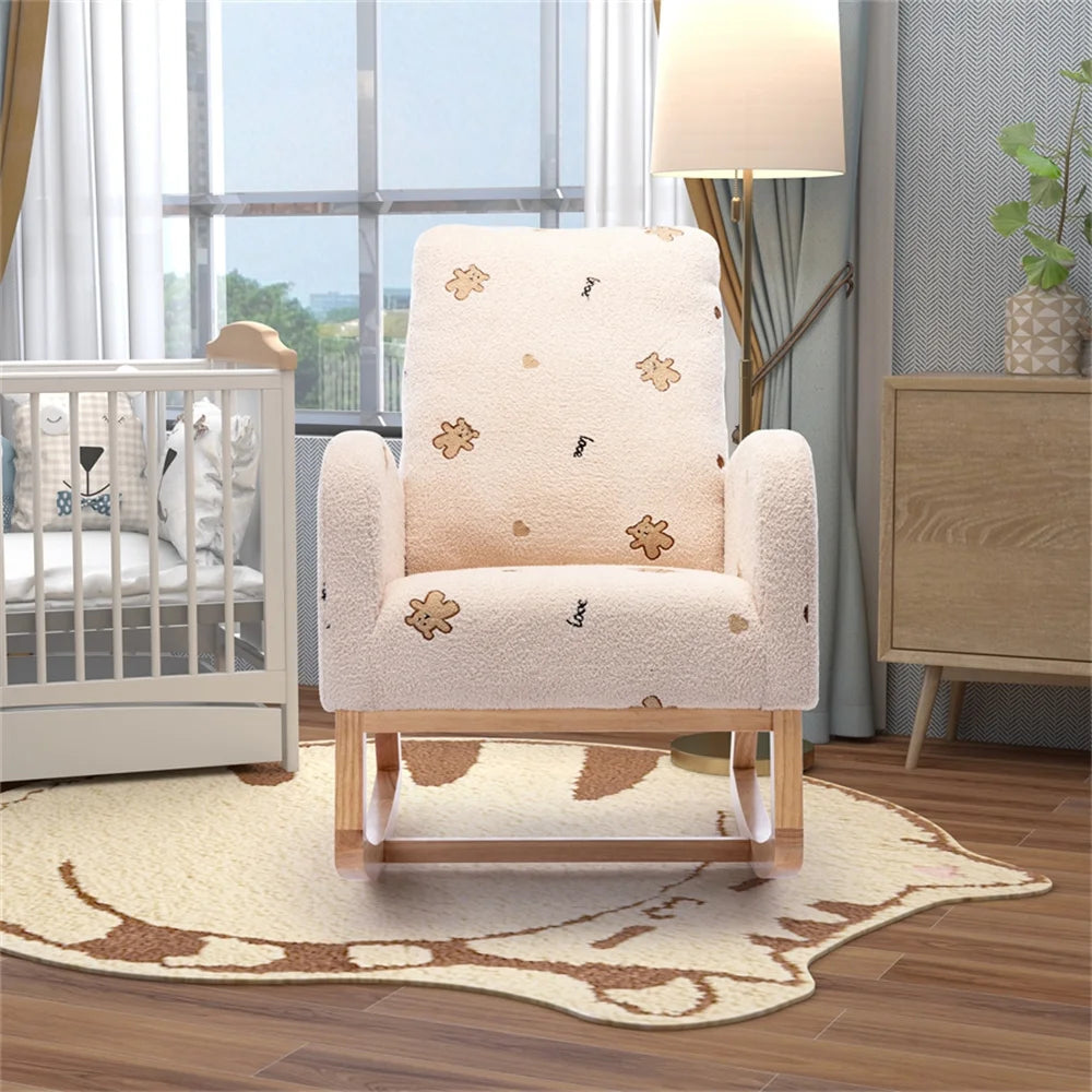 Rocking Chair Accent Rocker Armchair for Nursery,26.8"W Modern Upholstered Nursery Chair with Side Pocket,Upholstered High Back Wooden Rocking Chair for Living Room Baby Kids Room Bedroom, Beige