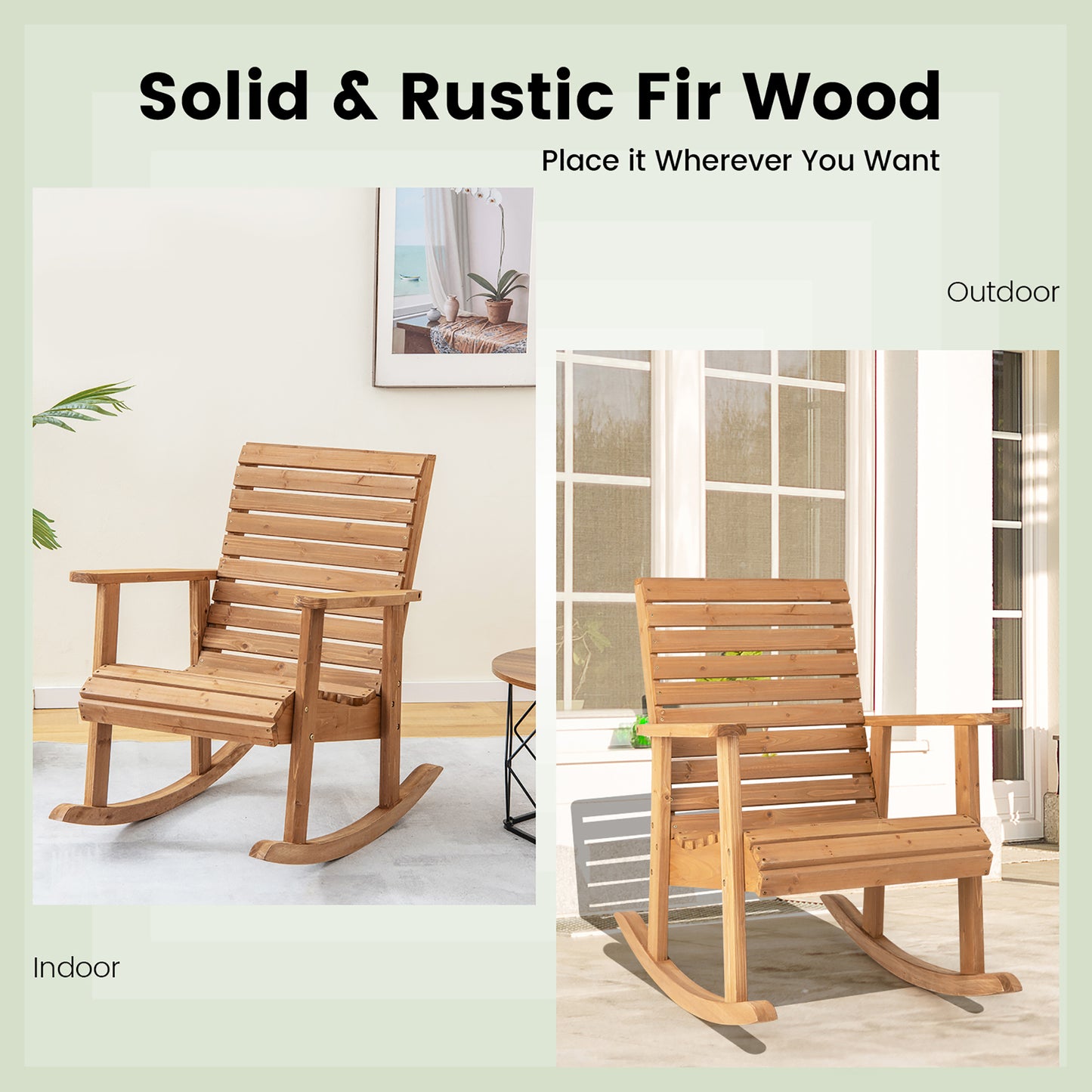 2 PCS Patio Wooden Rocking Chair High Back Fir Wood Armchair Natural Garden Yard