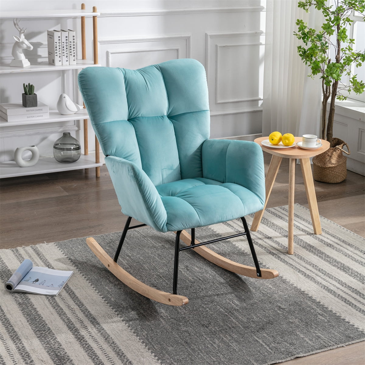 Mid Century Velvet Tufted Upholstered Rocking Chair, Vintage Accent Chair, Rocker Chair for Lounge, Padded Seat with Solid Wood Frame, Comfy Armchair for Living Room Bedroom Nursery, Cyan Blue