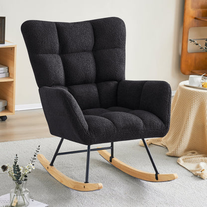 Upholstered Rocking Chair Mid Century Nursery Rocking Chair Sherpa Fabric Rocker Glider Chair Comfy Armchair for Nursery, Bedroom, Living Room.Sherpa-Black