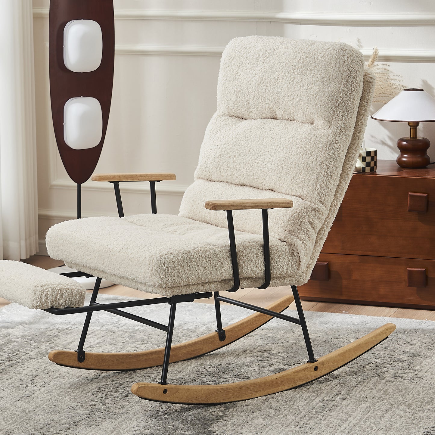 Rocking Chair, Modern Rocking Chair Nursery Set with High Backrest and Armrests, Comfy Uplostered Accent Chair with Retractable Footrest for Living Room, Bedroom, Beige