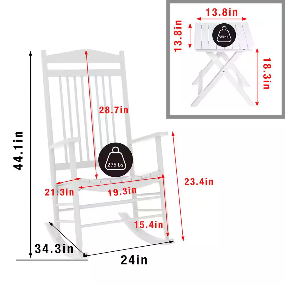 White Solid Wood Patio Outdoor Rocking Chair Set (3-Piece)