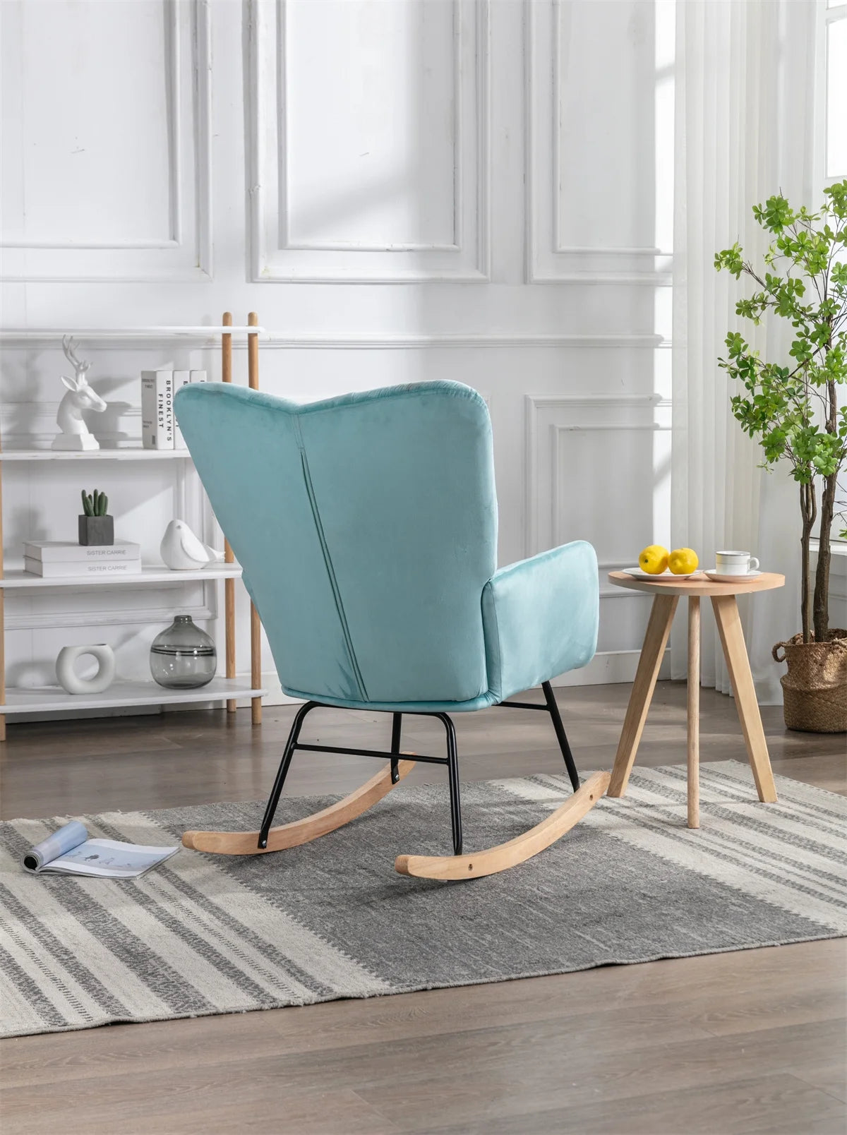 Mid Century Velvet Tufted Upholstered Rocking Chair, Vintage Accent Chair, Rocker Chair for Lounge, Padded Seat with Solid Wood Frame, Comfy Armchair for Living Room Bedroom Nursery, Cyan Blue