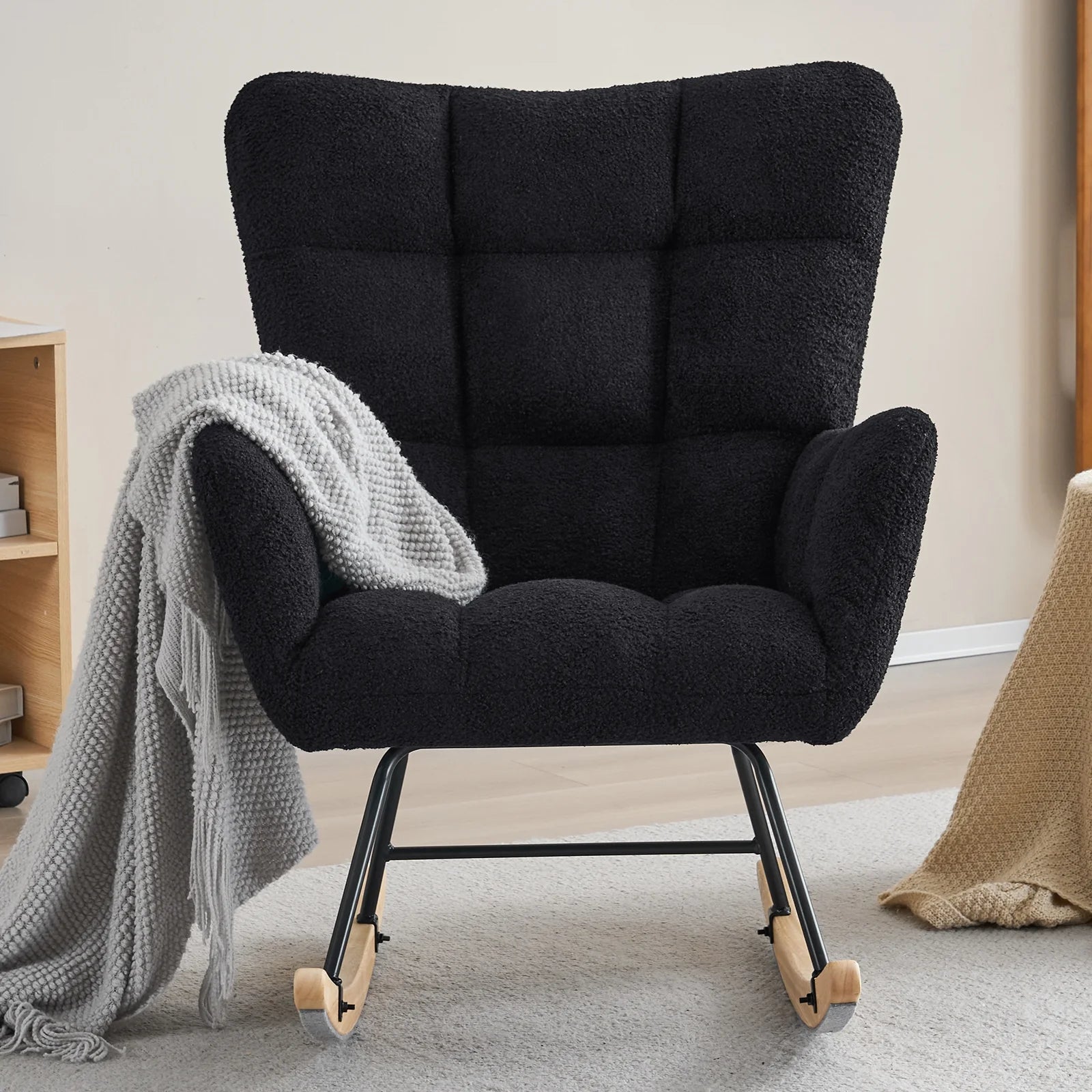 Upholstered Rocking Chair Mid Century Nursery Rocking Chair Sherpa Fabric Rocker Glider Chair Comfy Armchair for Nursery, Bedroom, Living Room.Sherpa-Black