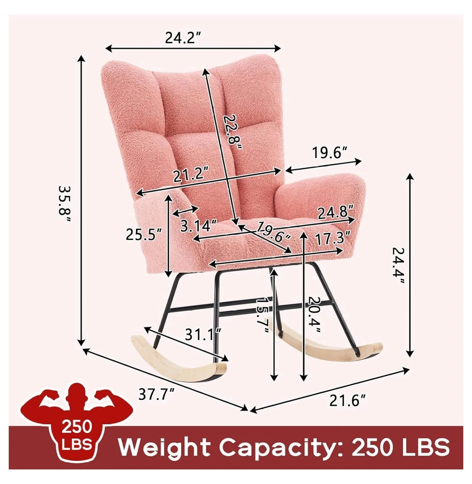 Modern Nursery Rocking Chair, Upholstered Glider Chair with High Backrest, Rocker Accent Armchair with Solid Wood Legs for Nursery Bedroom Living Room (Light Teddy)