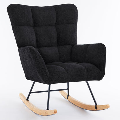 Upholstered Rocking Chair Mid Century Nursery Rocking Chair Sherpa Fabric Rocker Glider Chair Comfy Armchair for Nursery, Bedroom, Living Room.Sherpa-Black