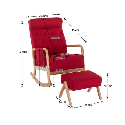 Nursery Rocking Chair with Ottoman, Soft Upholstered Rocker Glider Chair with High Backrest, Mid-Century Modern Rocking Chair with Footrest and Thick Padded Cushion for Living Room