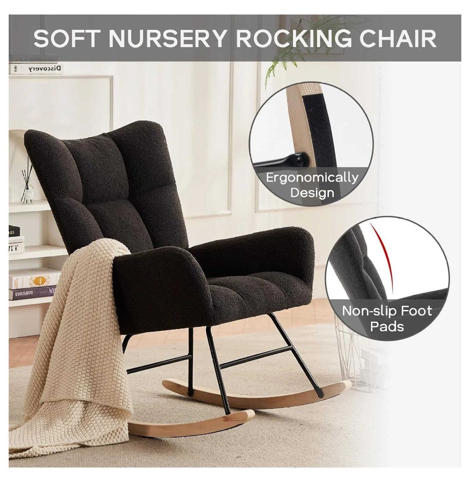 Modern Nursery Rocking Chair, Upholstered Glider Chair with High Backrest, Rocker Accent Armchair with Solid Wood Legs for Nursery Bedroom Living Room (Grey Teddy)