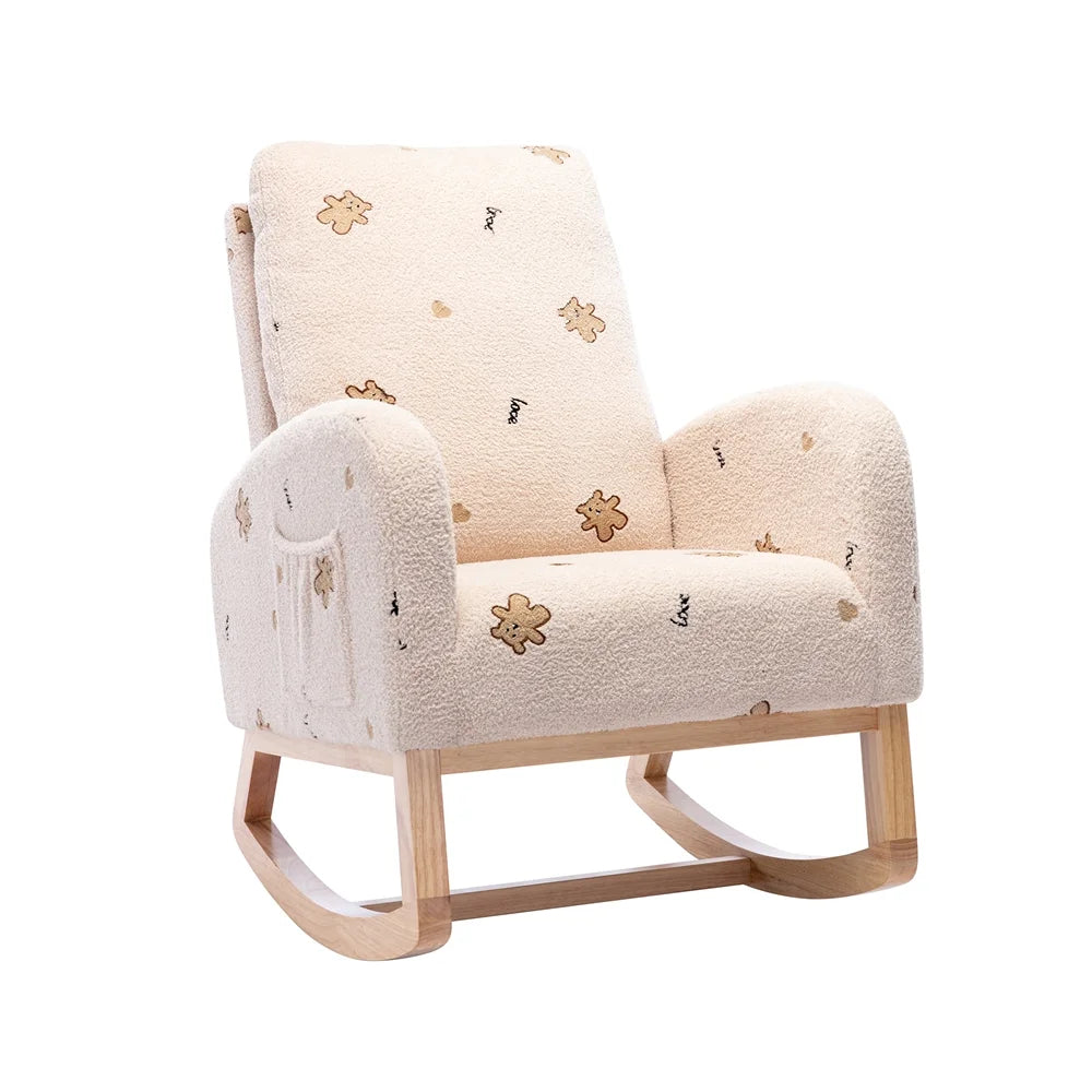 Rocking Chair Accent Rocker Armchair for Nursery,26.8"W Modern Upholstered Nursery Chair with Side Pocket,Upholstered High Back Wooden Rocking Chair for Living Room Baby Kids Room Bedroom, Beige