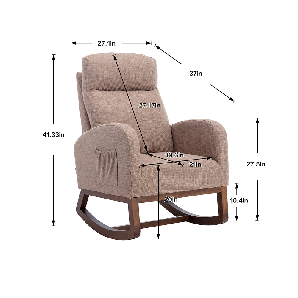 Rocking Chair Upholstered Recliner Sofa Chair with Head Pillow Side Storage Bag Modern Nursing Rocker Glider Solid Wood Base High Back Comfy Armchair for Home Office