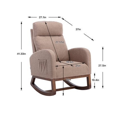 Rocking Chair Upholstered Recliner Sofa Chair with Head Pillow Side Storage Bag Modern Nursing Rocker Glider Solid Wood Base High Back Comfy Armchair for Home Office