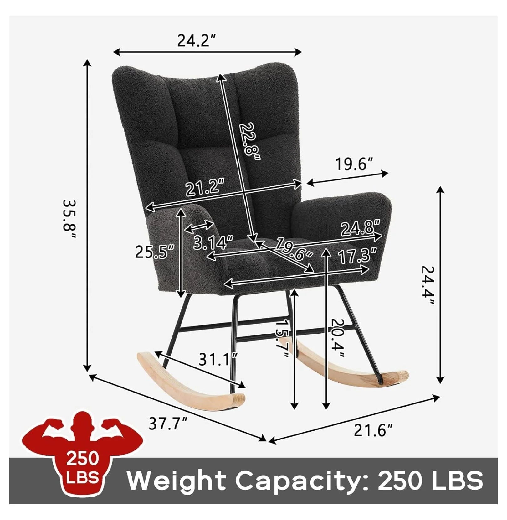 Modern Nursery Rocking Chair, Upholstered Glider Chair with High Backrest, Rocker Accent Armchair with Solid Wood Legs for Nursery Bedroom Living Room (Grey Teddy)