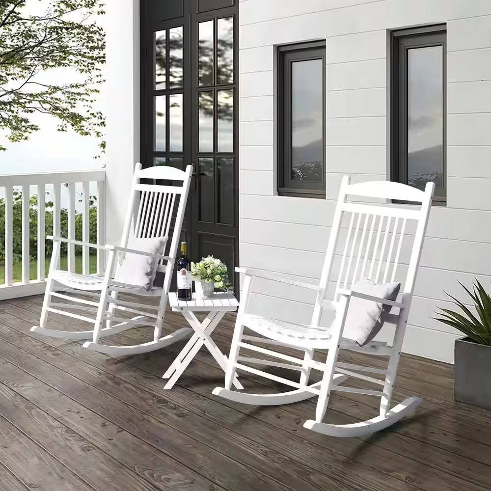 White Solid Wood Patio Outdoor Rocking Chair Set (3-Piece)