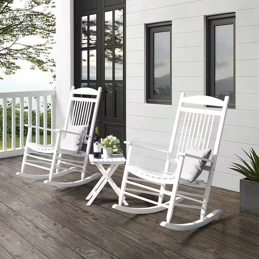 White Solid Wood Patio Outdoor Rocking Chair Set (3-Piece)