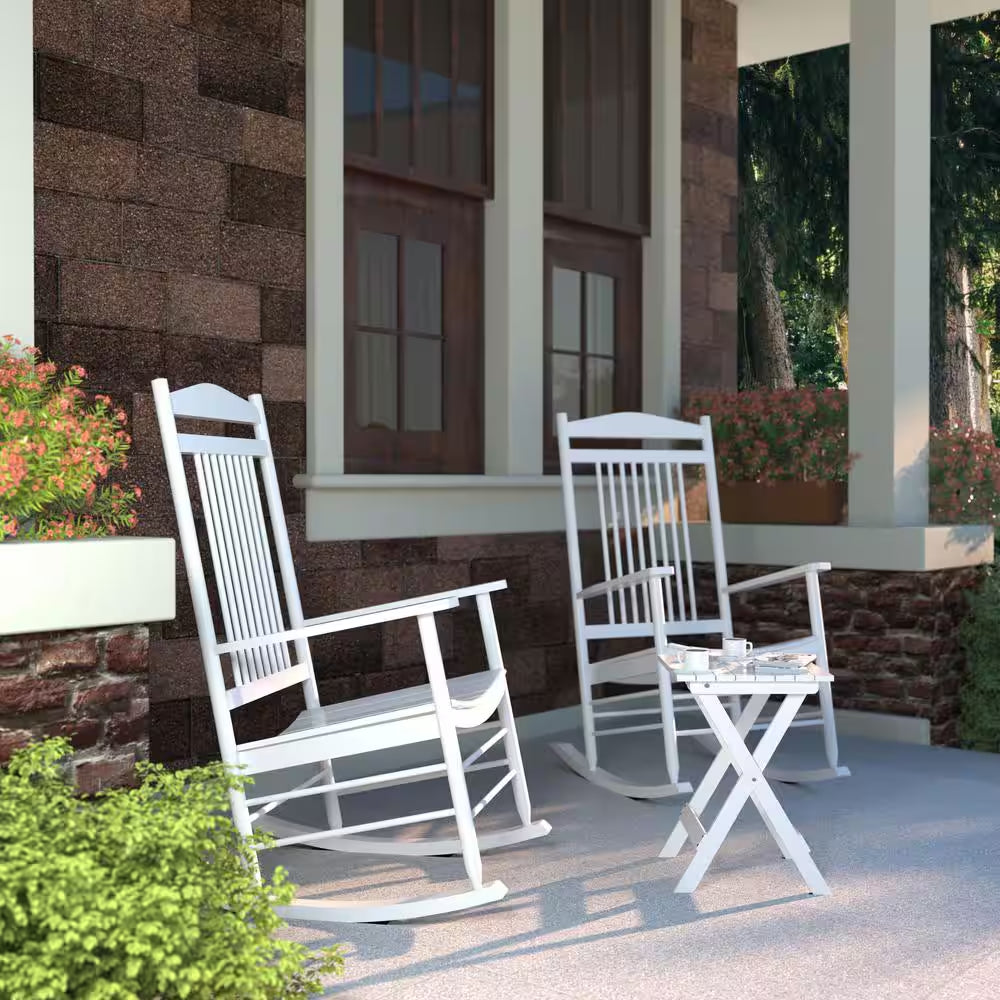 White Solid Wood Patio Outdoor Rocking Chair Set (3-Piece)