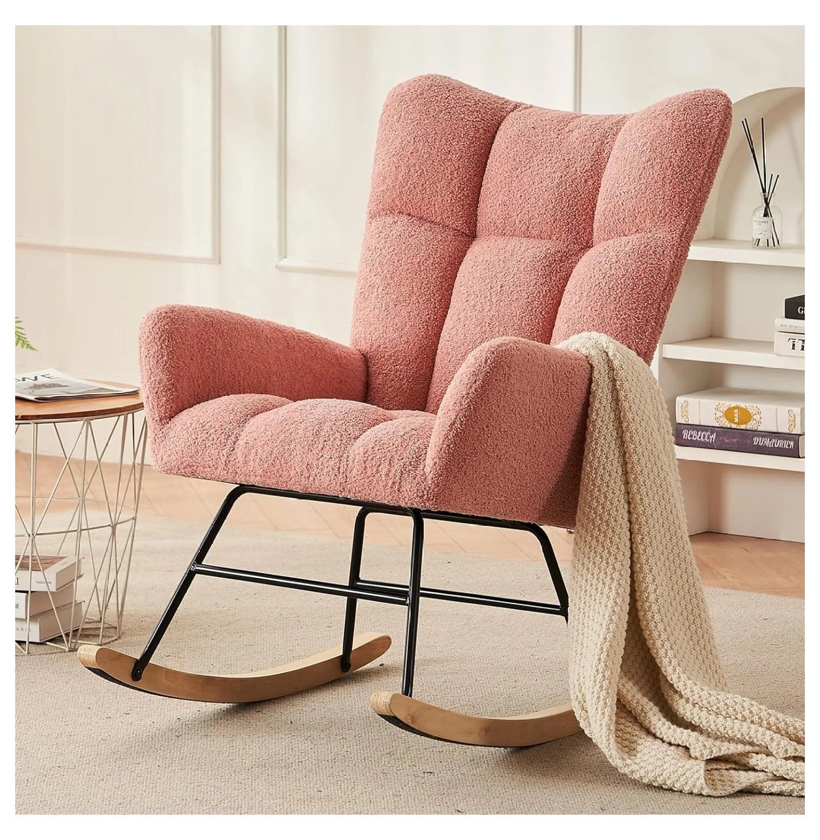 Modern Nursery Rocking Chair, Upholstered Glider Chair with High Backrest, Rocker Accent Armchair with Solid Wood Legs for Nursery Bedroom Living Room (Light Teddy)