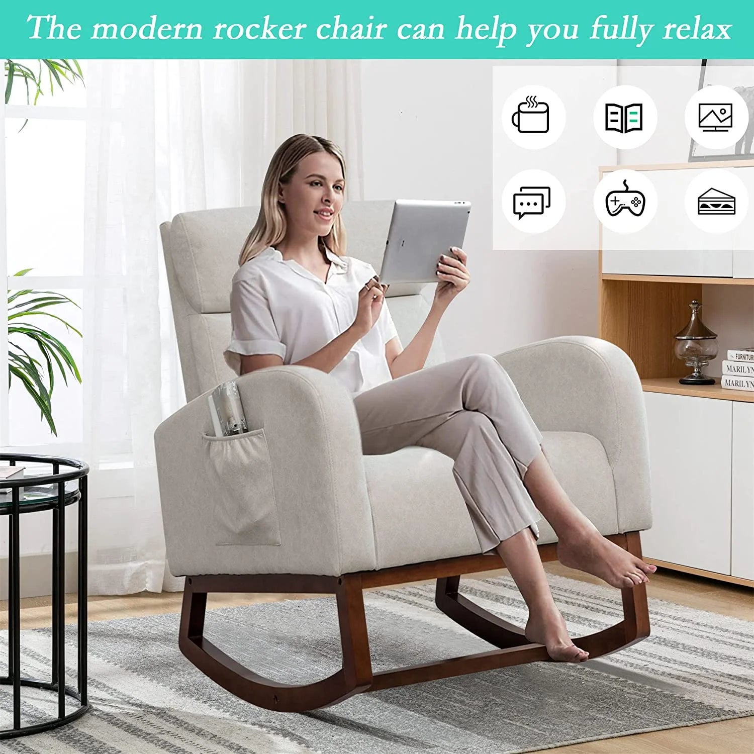 Rocking Chair Mid-Century Modern Nursery Rocking Armchair Upholstered Tall Back Accent Glider Rocker for Living Room (Beige)