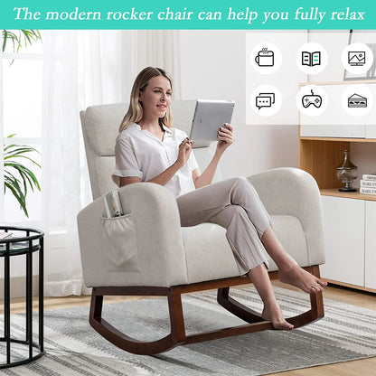 Rocking Chair Mid-Century Modern Nursery Rocking Armchair Upholstered Tall Back Accent Glider Rocker for Living Room (Beige)