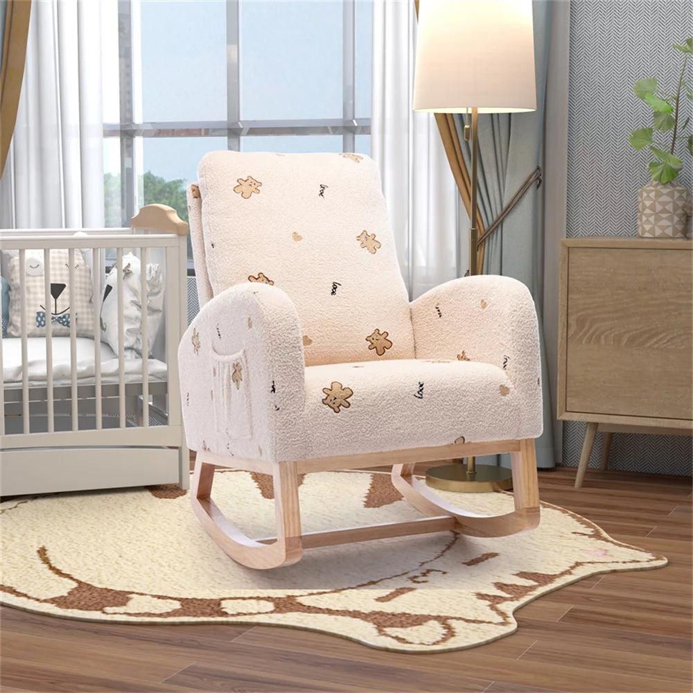 Rocking Chair Accent Rocker Armchair for Nursery,26.8"W Modern Upholstered Nursery Chair with Side Pocket,Upholstered High Back Wooden Rocking Chair for Living Room Baby Kids Room Bedroom, Beige