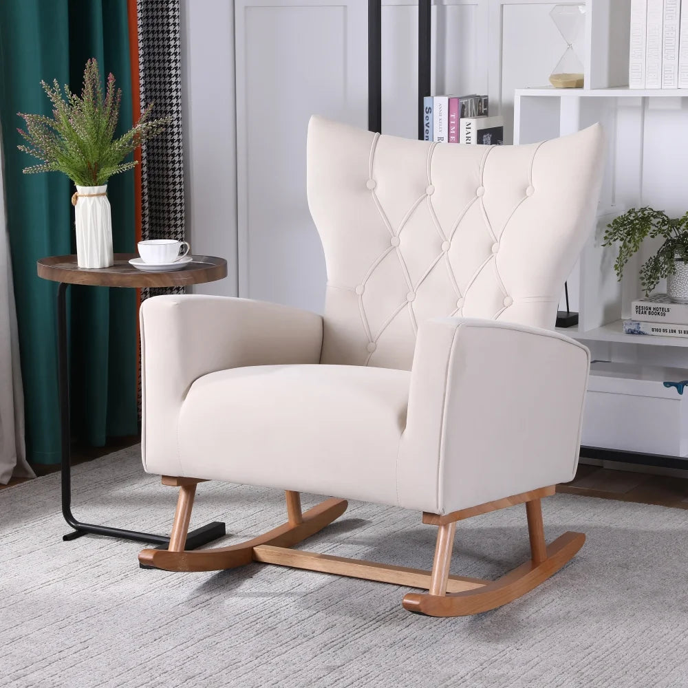 Accent Rocking Chair, Modern Accent Rocker Armchair with Padded Seat, Comfortable Upholstered High Back Wooden Rocking Chair Baby Nursery Glider for Living Room Baby Room Bedroom Office, Beige