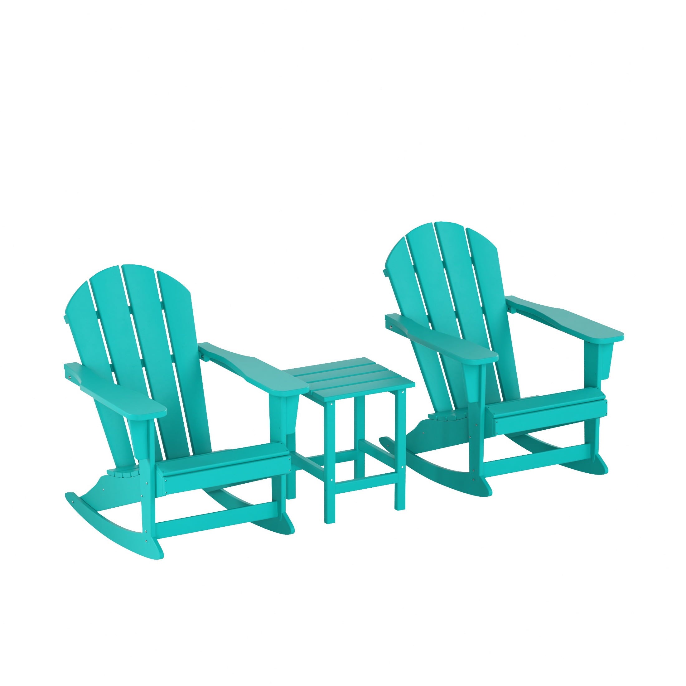 Malibu 3 Piece Outdoor Rocking Chair Set, All Weather Poly Lumber Porch Patio Adirondack Rocking Chair Set of 2 with Side Table, Turquoise