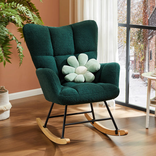 Nursery Rocking Chair, High Back Plush Upholstered Glider Rocking Chair, Teddy Fabric Upholstered, Nursery, Bedroom, Living Room Modern Rocking Decorative Chair, Green