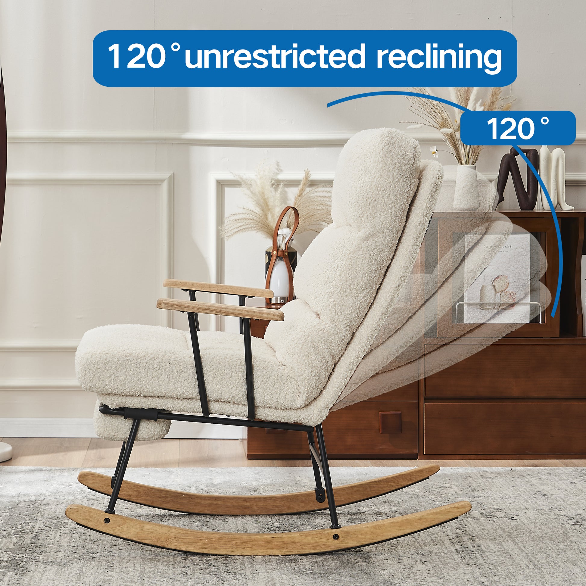 Rocking Chair, Modern Rocking Chair Nursery Set with High Backrest and Armrests, Comfy Uplostered Accent Chair with Retractable Footrest for Living Room, Bedroom, Beige