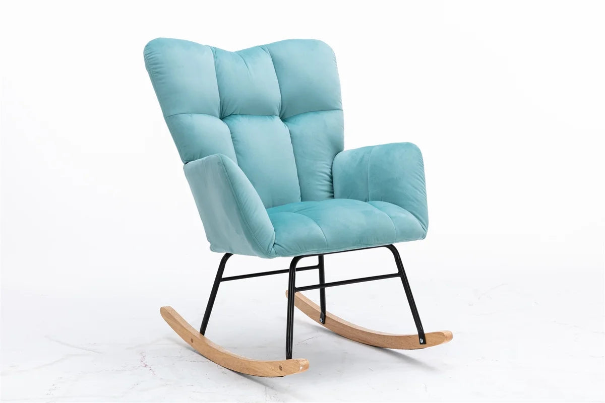 Mid Century Velvet Tufted Upholstered Rocking Chair, Vintage Accent Chair, Rocker Chair for Lounge, Padded Seat with Solid Wood Frame, Comfy Armchair for Living Room Bedroom Nursery, Cyan Blue