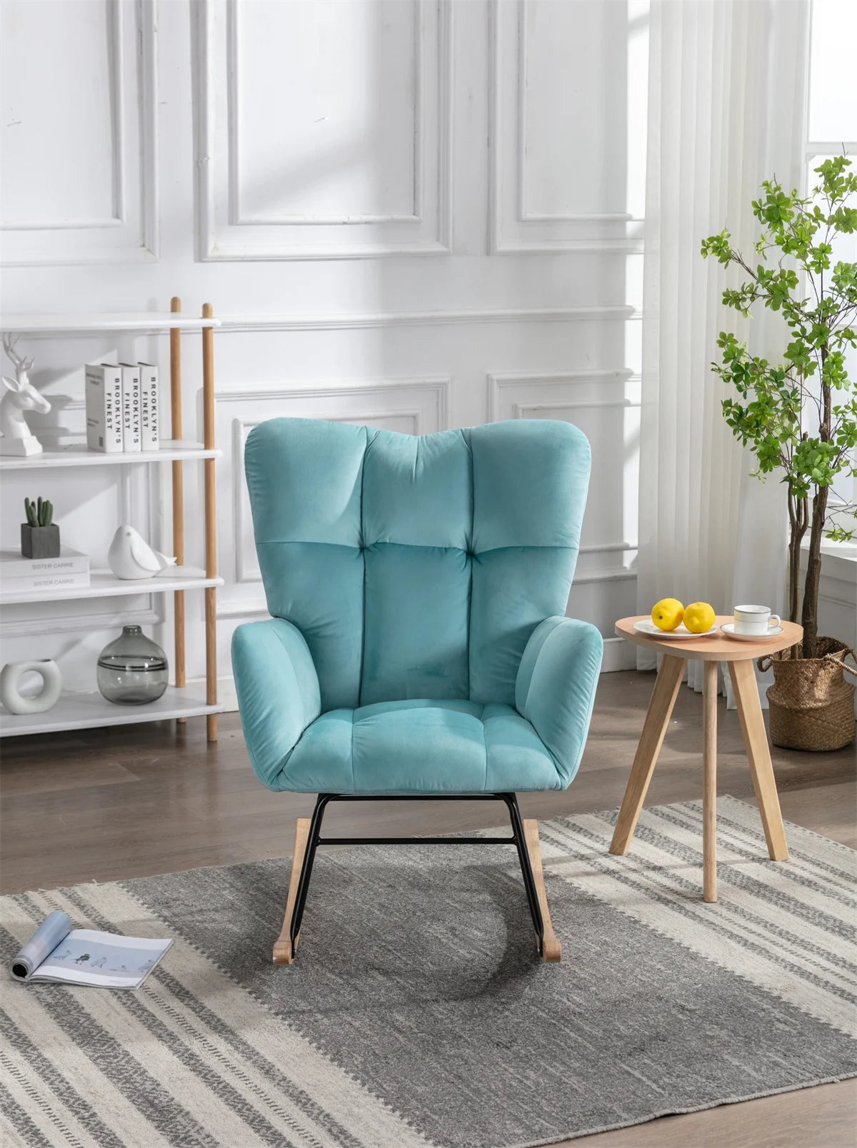 Mid Century Velvet Tufted Upholstered Rocking Chair, Vintage Accent Chair, Rocker Chair for Lounge, Padded Seat with Solid Wood Frame, Comfy Armchair for Living Room Bedroom Nursery, Cyan Blue