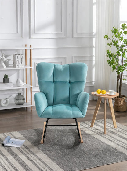 Mid Century Velvet Tufted Upholstered Rocking Chair, Vintage Accent Chair, Rocker Chair for Lounge, Padded Seat with Solid Wood Frame, Comfy Armchair for Living Room Bedroom Nursery, Cyan Blue