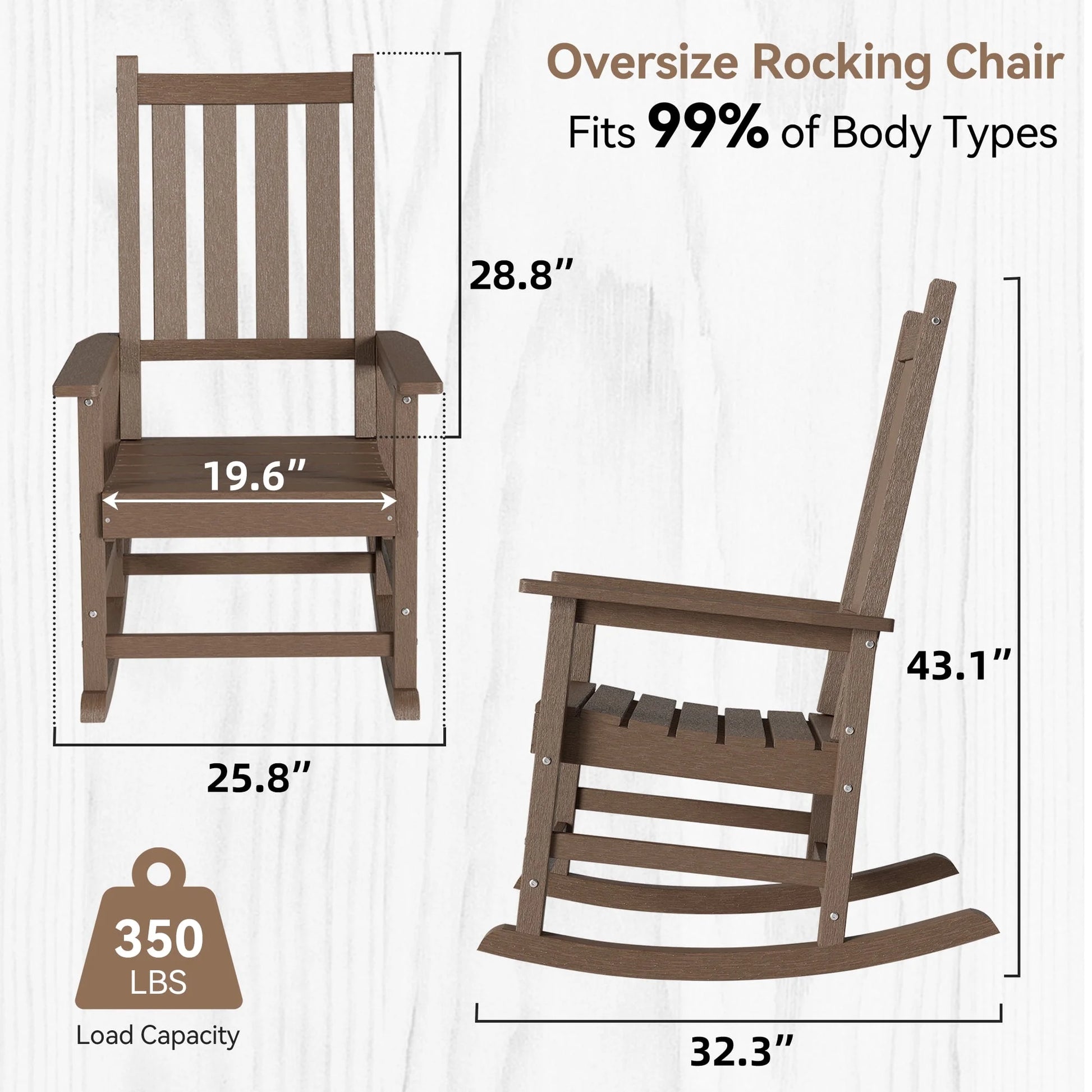 Outdoor Rocking Chair, HDPE Rocking Chair, Over-Sized and Weather Resistant Patio Rocker for Patio, Porch and Gadren, 350Lb Support (Brown)