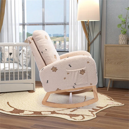 Rocking Chair Accent Rocker Armchair for Nursery,26.8"W Modern Upholstered Nursery Chair with Side Pocket,Upholstered High Back Wooden Rocking Chair for Living Room Baby Kids Room Bedroom, Beige