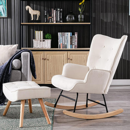 Modern Rocking Chair Nursery with Ottoman, Upholstered Button Tufted Wingback Armchair with Footrest, Chenille Rocker Chair for Living Room/Bedroom, Solid Wood Racks, Beige, Beige