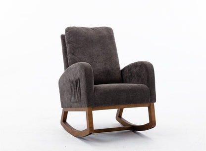 Upholstered Rocking Chair, Mid-Century Nursery Chair with High Back and Wood Legs, Single Sofa Rocker Chair with Side Pocket, Comfy Rocking Armchair for Living Room, Bedroom, Apartment, Dark Gray