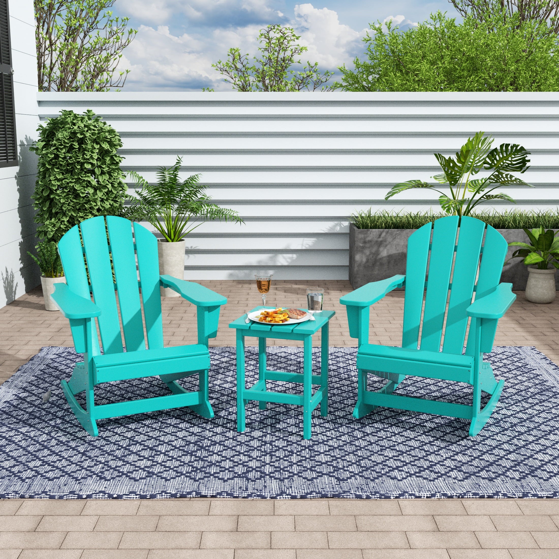 Malibu 3 Piece Outdoor Rocking Chair Set, All Weather Poly Lumber Porch Patio Adirondack Rocking Chair Set of 2 with Side Table, Turquoise