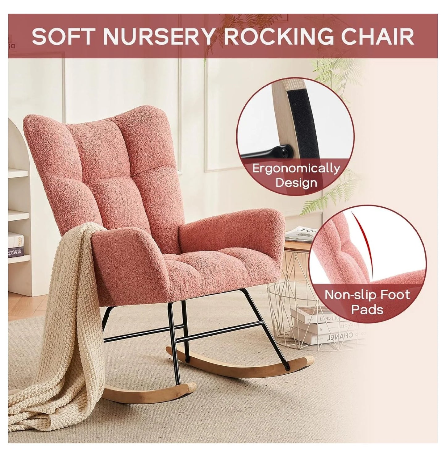 Modern Nursery Rocking Chair, Upholstered Glider Chair with High Backrest, Rocker Accent Armchair with Solid Wood Legs for Nursery Bedroom Living Room (Light Teddy)