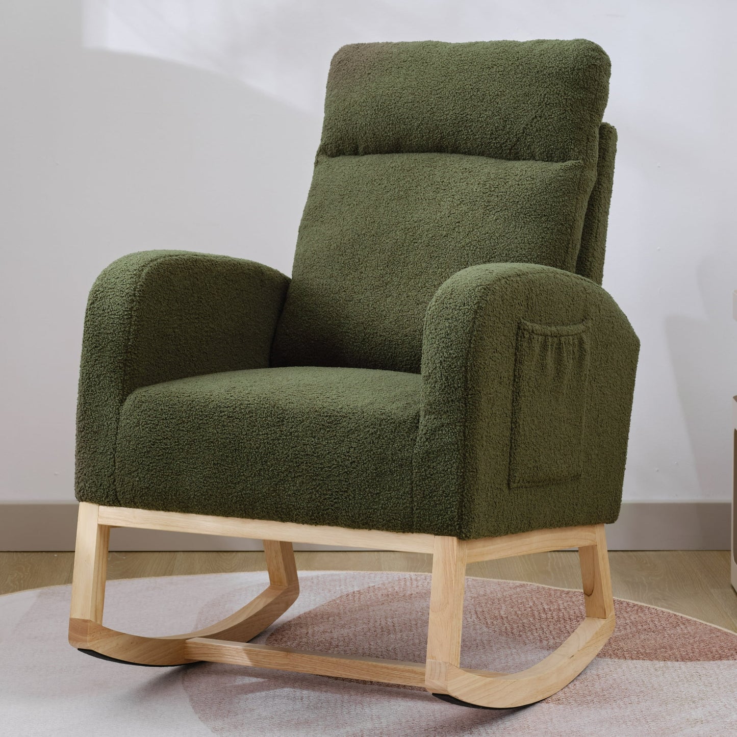 Home Rocking Chair, Glider Chair Upholstered Frosted Velvet High Back Arm Chair Nursery Rocking Chairs with Solid Legs and Side Pockets for Living Room