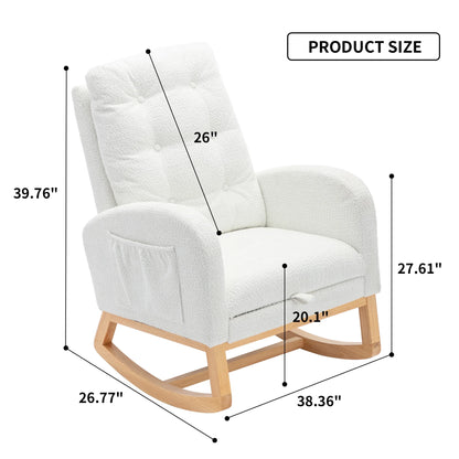 Modern Accent Rocking Chair with Pull-Out Footrest,Nursery Glider Chair with Solid Wood Legs & Side Pocket,Upholstered Lounge Chair with High Backrest,White