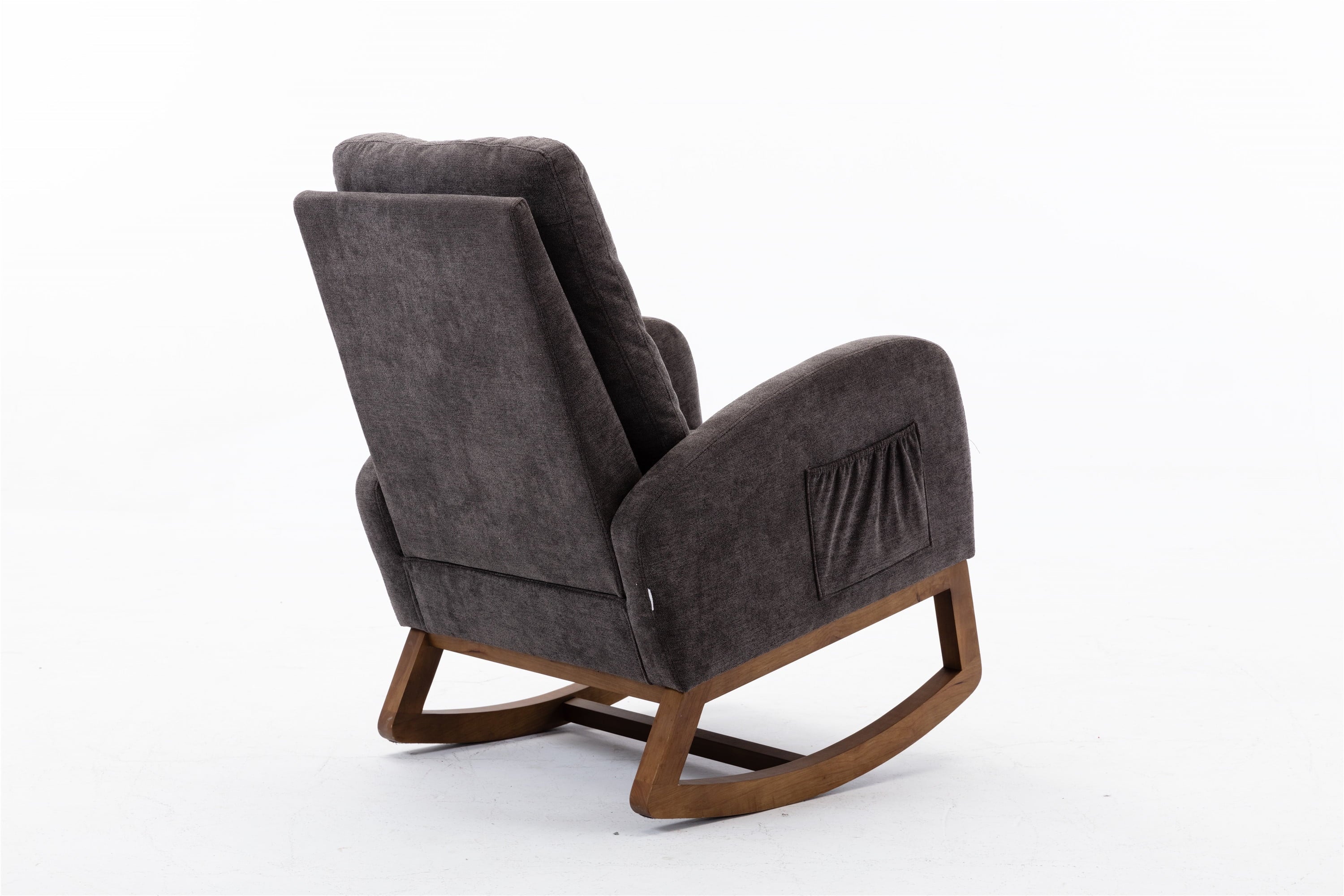 Upholstered Rocking Chair, Mid-Century Nursery Chair with High Back and Wood Legs, Single Sofa Rocker Chair with Side Pocket, Comfy Rocking Armchair for Living Room, Bedroom, Apartment, Dark Gray