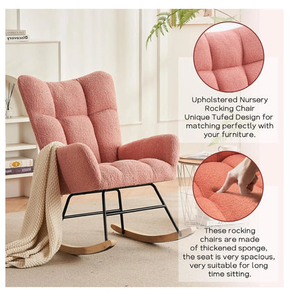 Modern Nursery Rocking Chair, Upholstered Glider Chair with High Backrest, Rocker Accent Armchair with Solid Wood Legs for Nursery Bedroom Living Room (Light Teddy)