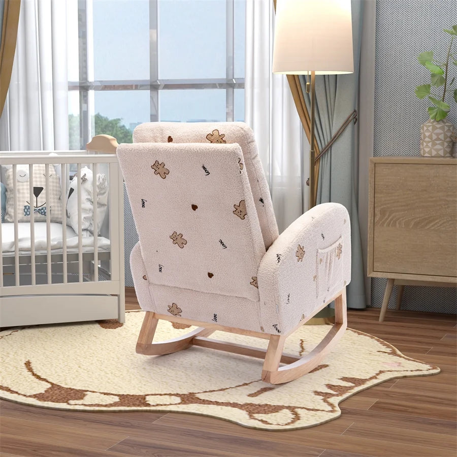 Rocking Chair Accent Rocker Armchair for Nursery,26.8"W Modern Upholstered Nursery Chair with Side Pocket,Upholstered High Back Wooden Rocking Chair for Living Room Baby Kids Room Bedroom, Beige