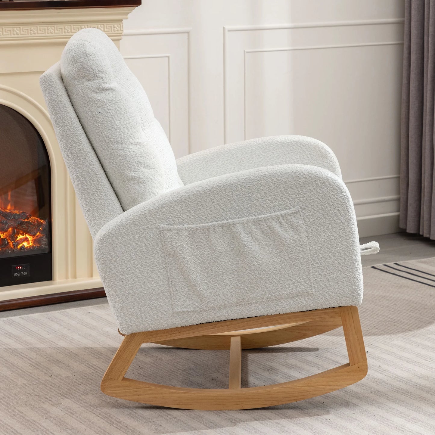 Modern Accent Rocking Chair with Pull-Out Footrest,Nursery Glider Chair with Solid Wood Legs & Side Pocket,Upholstered Lounge Chair with High Backrest,White