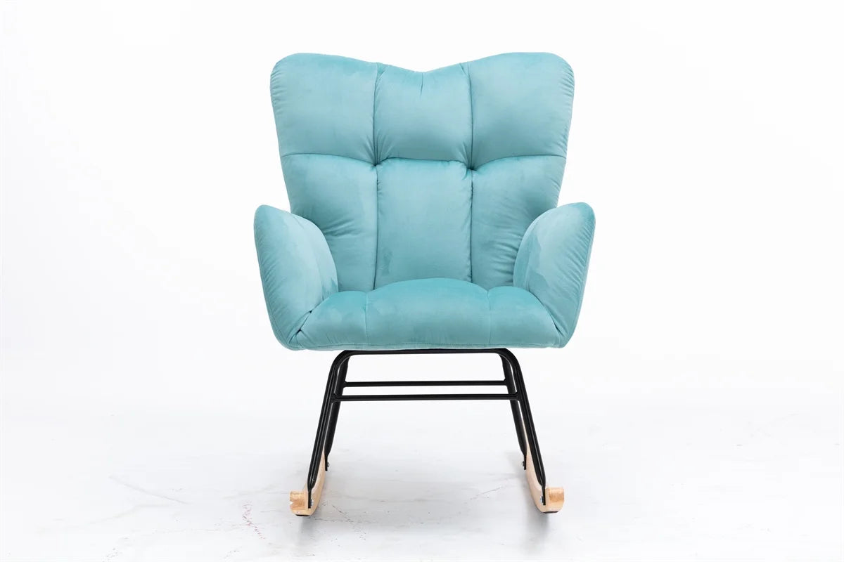 Mid Century Velvet Tufted Upholstered Rocking Chair, Vintage Accent Chair, Rocker Chair for Lounge, Padded Seat with Solid Wood Frame, Comfy Armchair for Living Room Bedroom Nursery, Cyan Blue