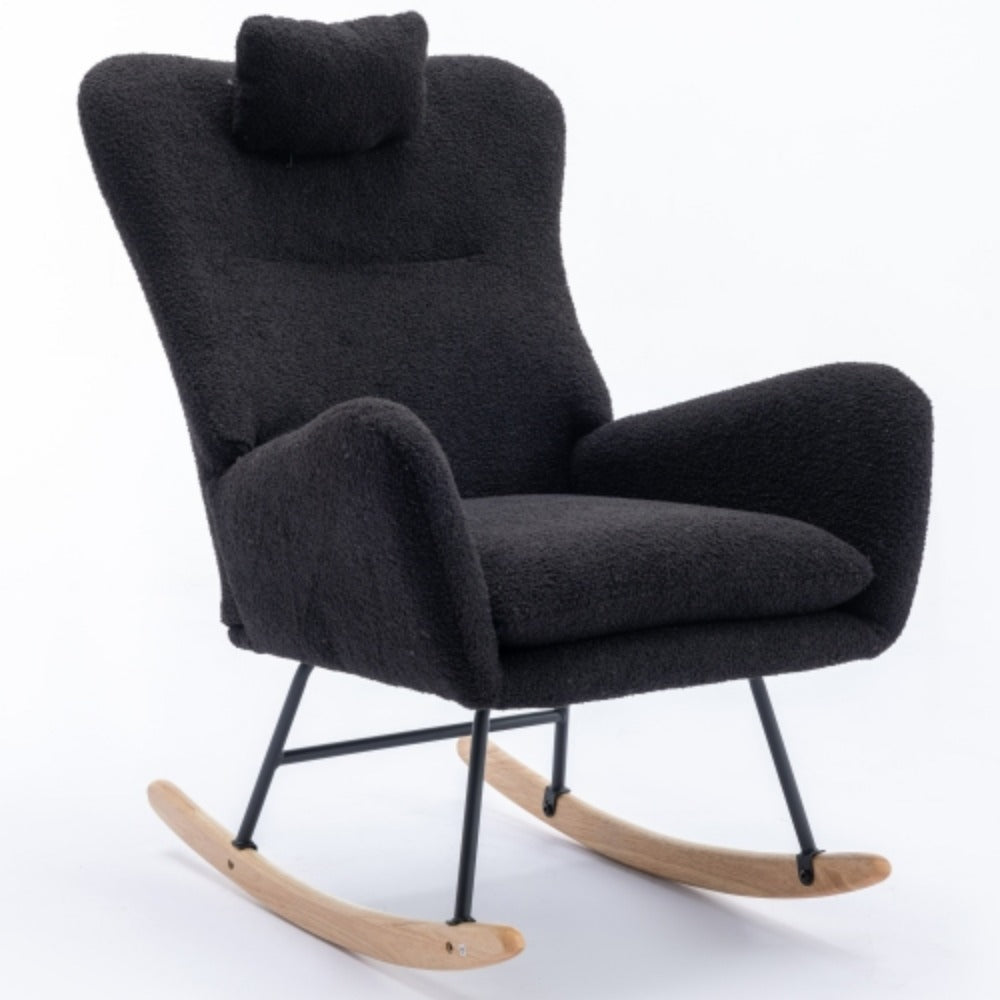 35.5 Inch Rocking Chair, Soft Teddy Fabric Rocking Chair for Nursery, Comfy Wingback Glider Rocker with Safe Solid Wood Base Foam + Casual + Black + Teddy + 250 LBS + Teddy Fleece