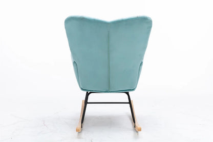 Mid Century Velvet Tufted Upholstered Rocking Chair, Vintage Accent Chair, Rocker Chair for Lounge, Padded Seat with Solid Wood Frame, Comfy Armchair for Living Room Bedroom Nursery, Cyan Blue