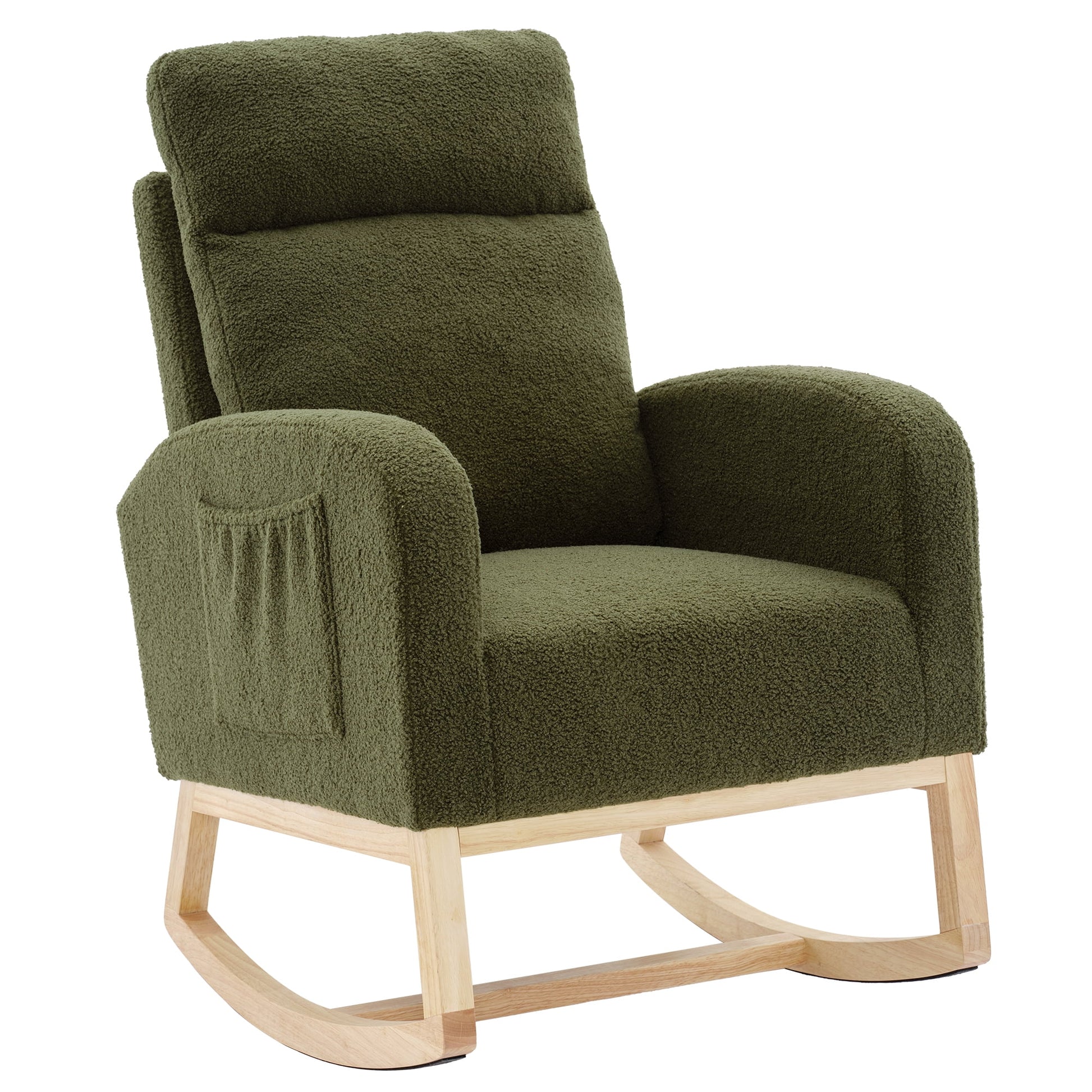 Home Rocking Chair, Glider Chair Upholstered Frosted Velvet High Back Arm Chair Nursery Rocking Chairs with Solid Legs and Side Pockets for Living Room